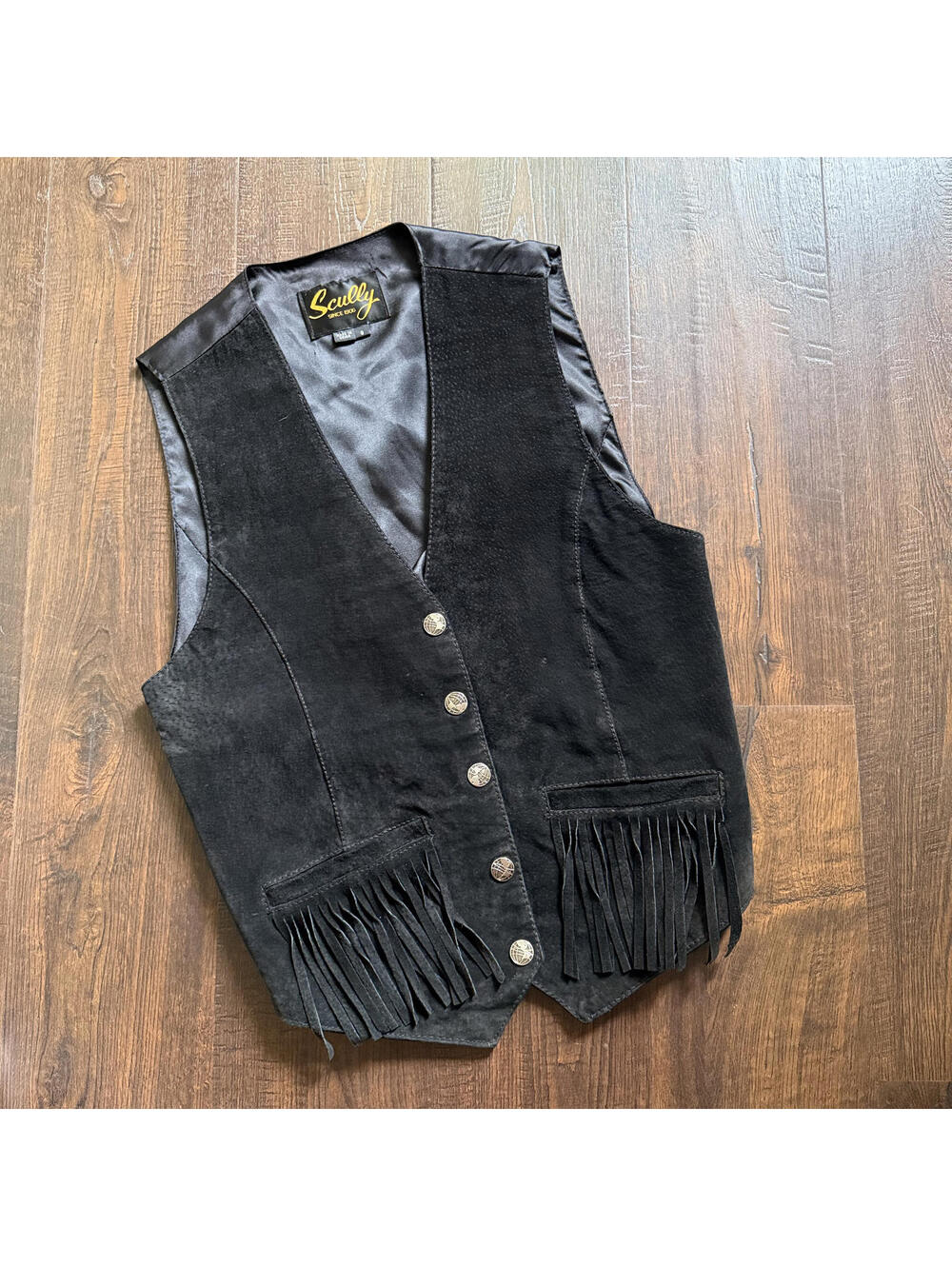 Vintage 90s Western Black Leather Scully Vest Silvery Concho Button Up Sz 8